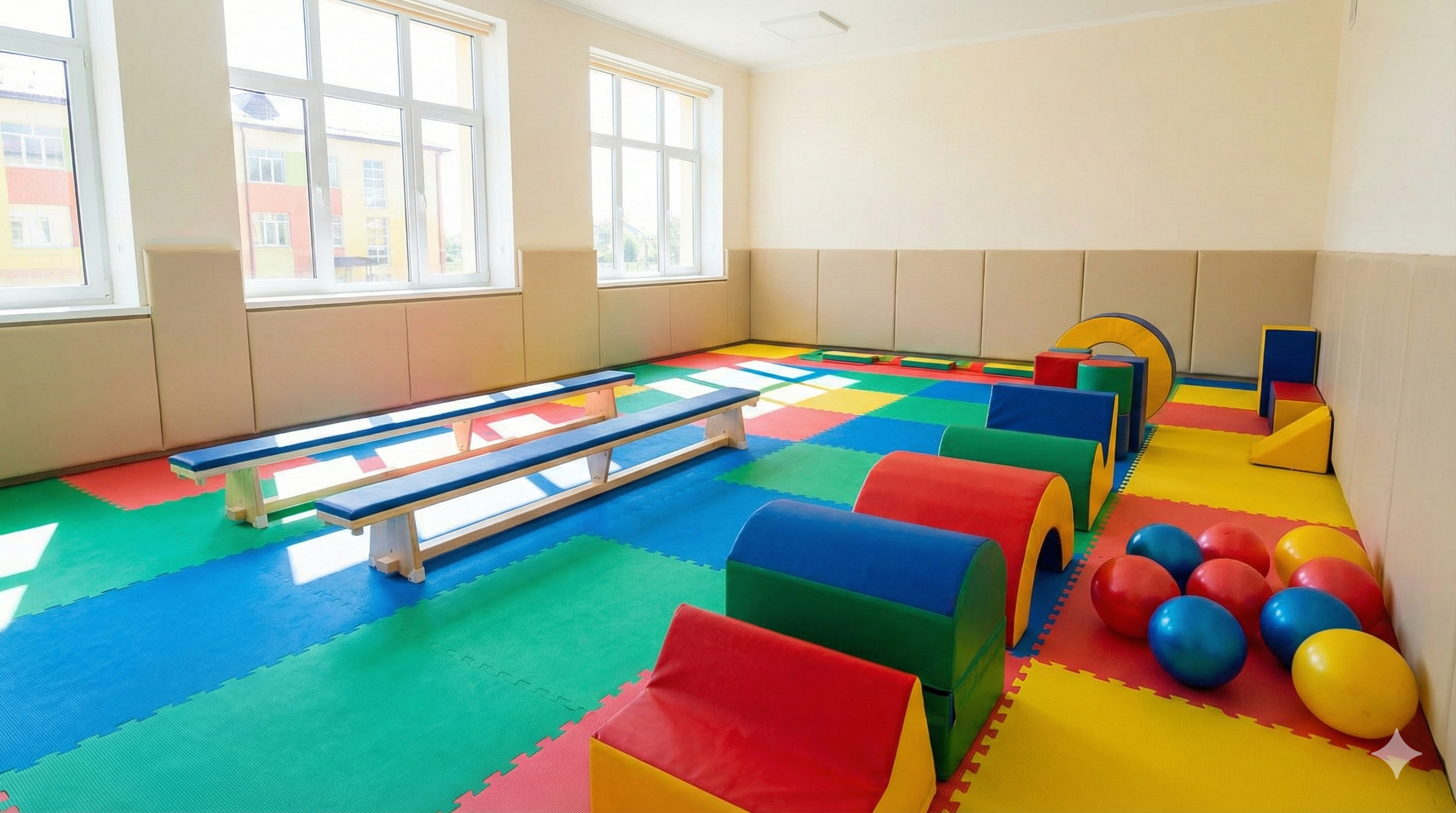 Pöhrə uşaq bağçasının gimnastika otağı - yumşaq matlar, balans şüaları və idman avadanlıqları