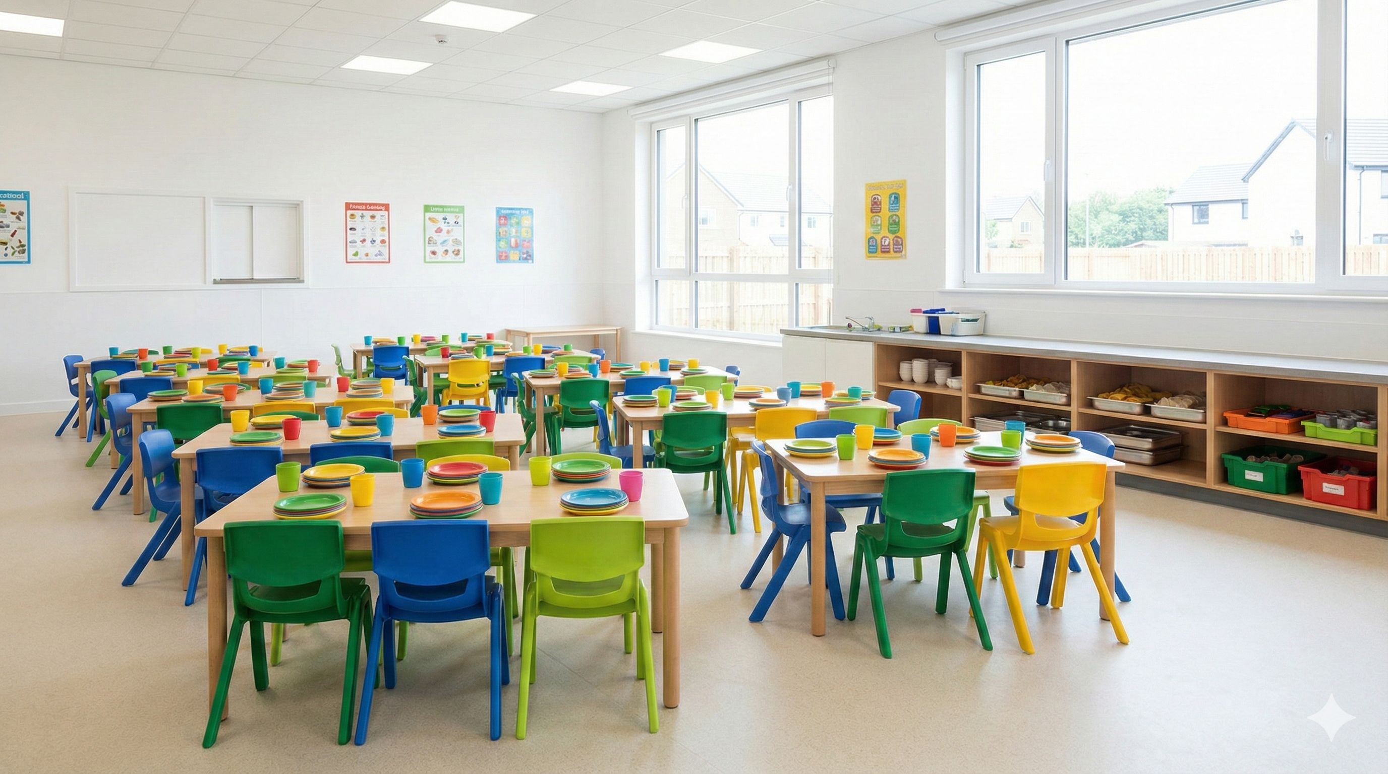 Pöhrə uşaq bağçasının yemək otağı - uşaqlar üçün stol və stullar, rəngli boşqablar